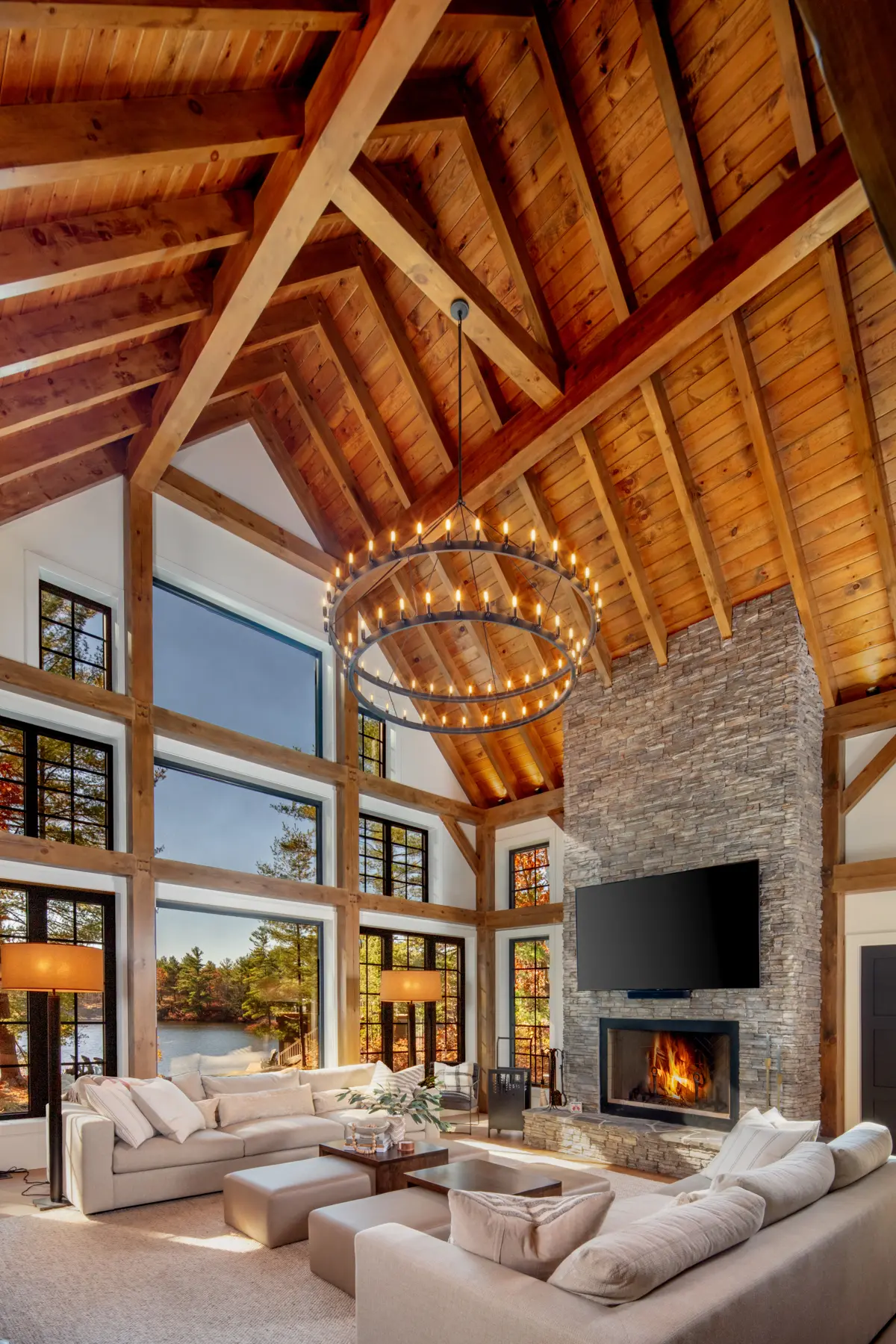 Traditional Lakeside Cottage Lakeside Escape Project Portfolio Interior Great Room Fireplace Cathedral Ceilings 2 Normerica Timber Homes