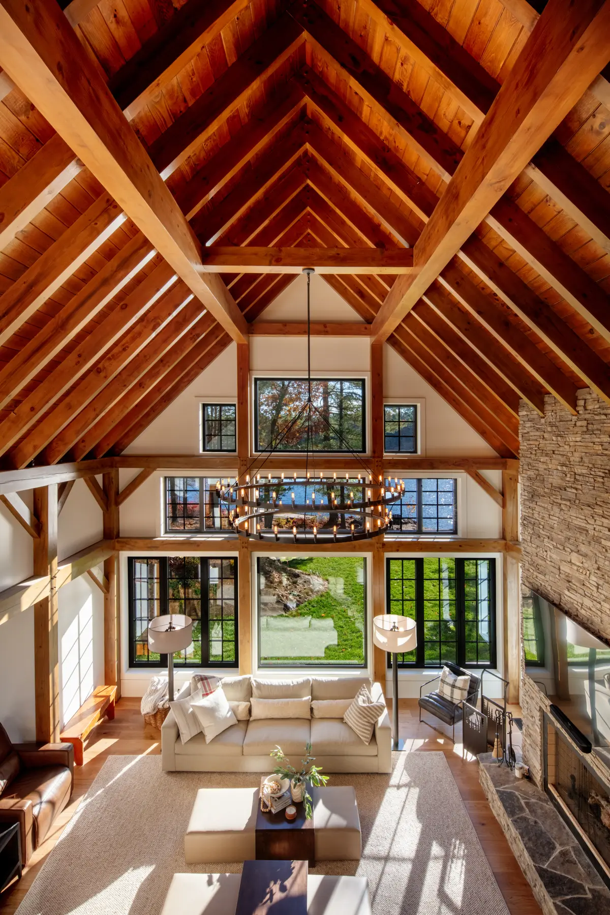 Traditional Lakeside Cottage Lakeside Escape Project Portfolio Interior Great Room View From Loft Normerica Timber Homes