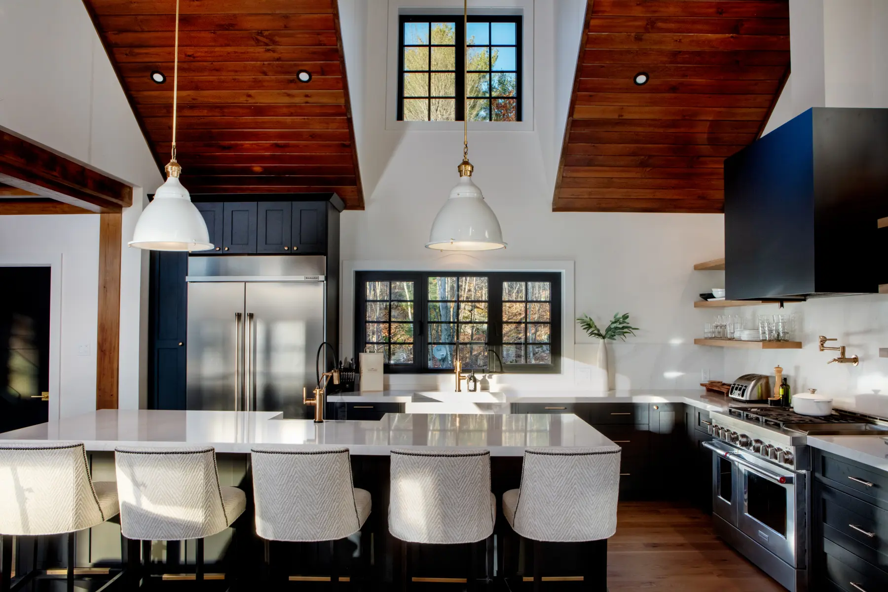 Traditional Lakeside Cottage Lakeside Escape Project Portfolio Interior Loft Kitchen Island Range Dormer Window Normerica Timber Homes