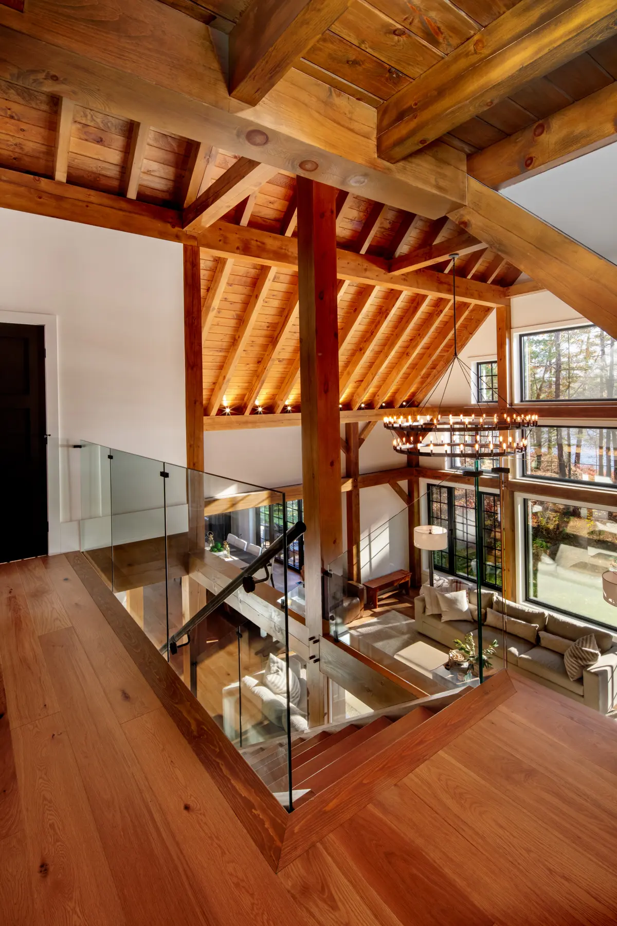 Traditional Lakeside Cottage Lakeside Escape Project Portfolio Interior Loft Stairs Great Room Normerica Timber Home