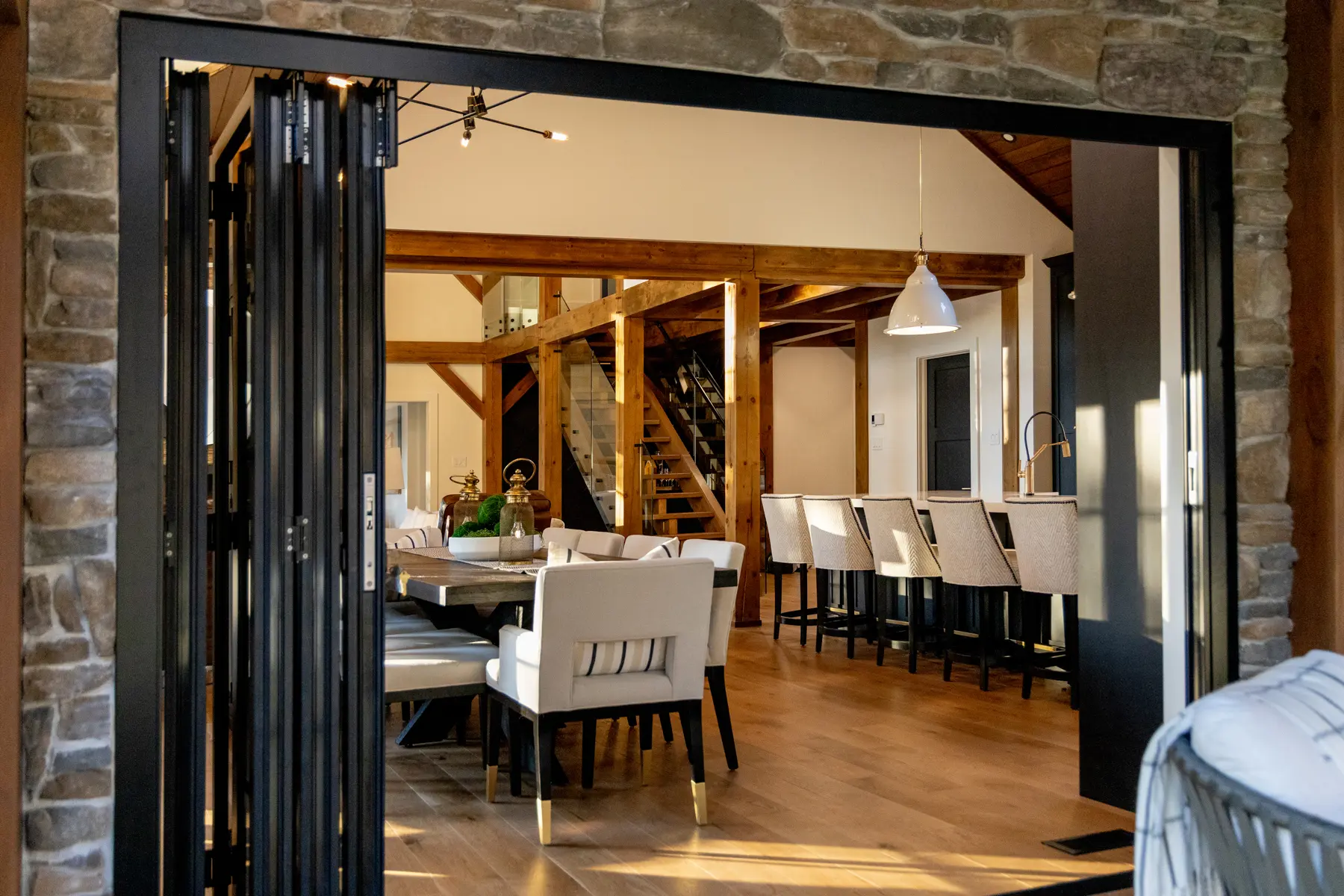 Traditional Lakeside Cottage Lakeside Escape Project Portfolio Interior Muskoka Room Looking into Kitchen Normerica Timber Homes