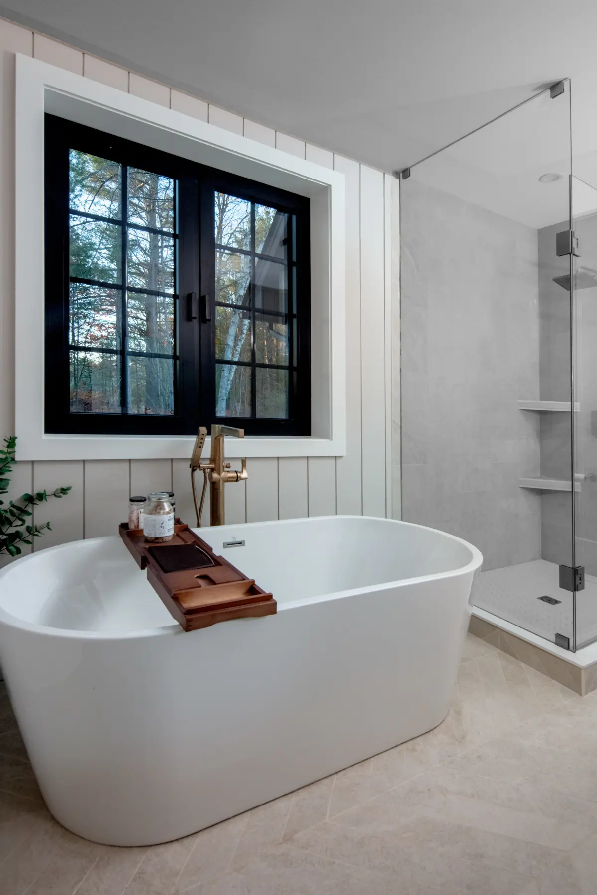 Traditional Lakeside Cottage Lakeside Escape Project Portfolio Interior Primary Bathroom Ensuite Soaker Tub Normerica Timber Homes