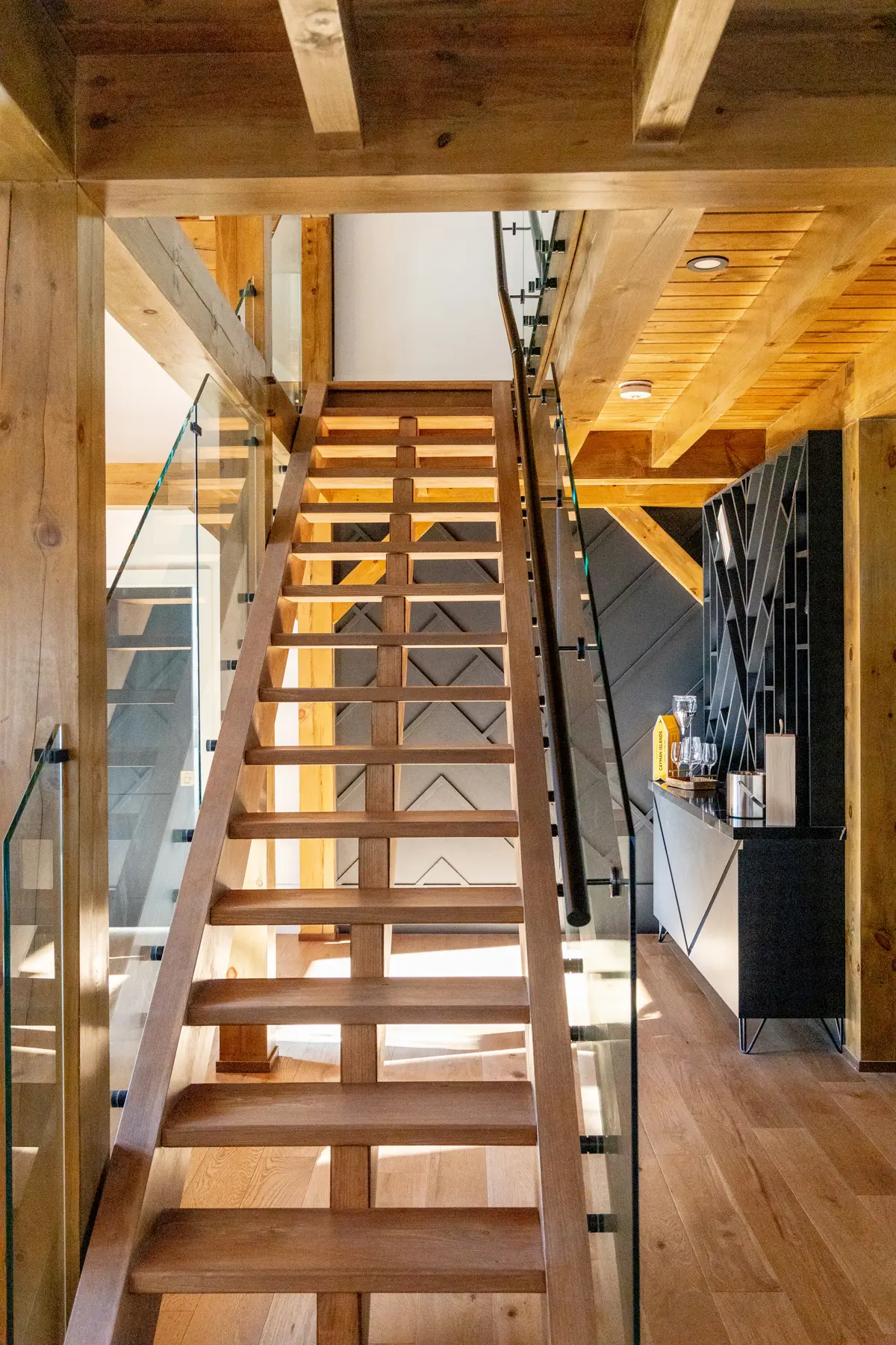 Traditional Lakeside Cottage Lakeside Escape Project Portfolio Interior Stairs Glass Railing 2 Normerica Timber Homes