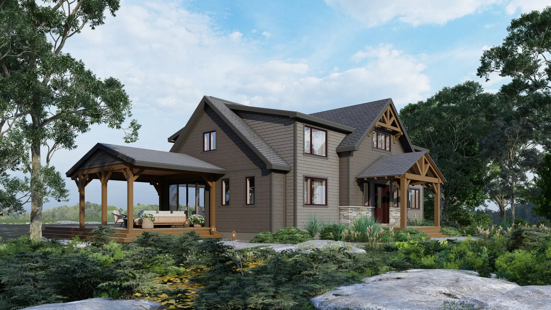 family house plans timber frame country house Rocklyn 4105 Exterior Side Porch Normerica