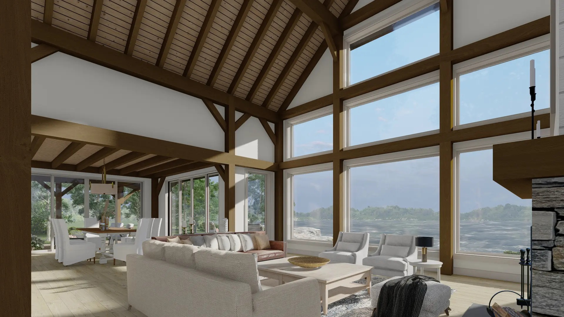 family house plans timber frame country house Rocklyn 4105 Interior Great Room Dining Room Normerica