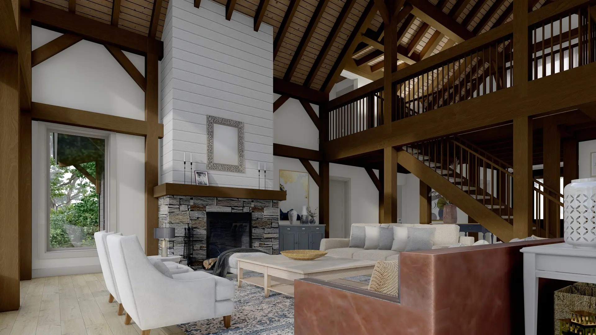 family house plans timber frame country house Rocklyn 4105 Interior Great Room Loft Normerica