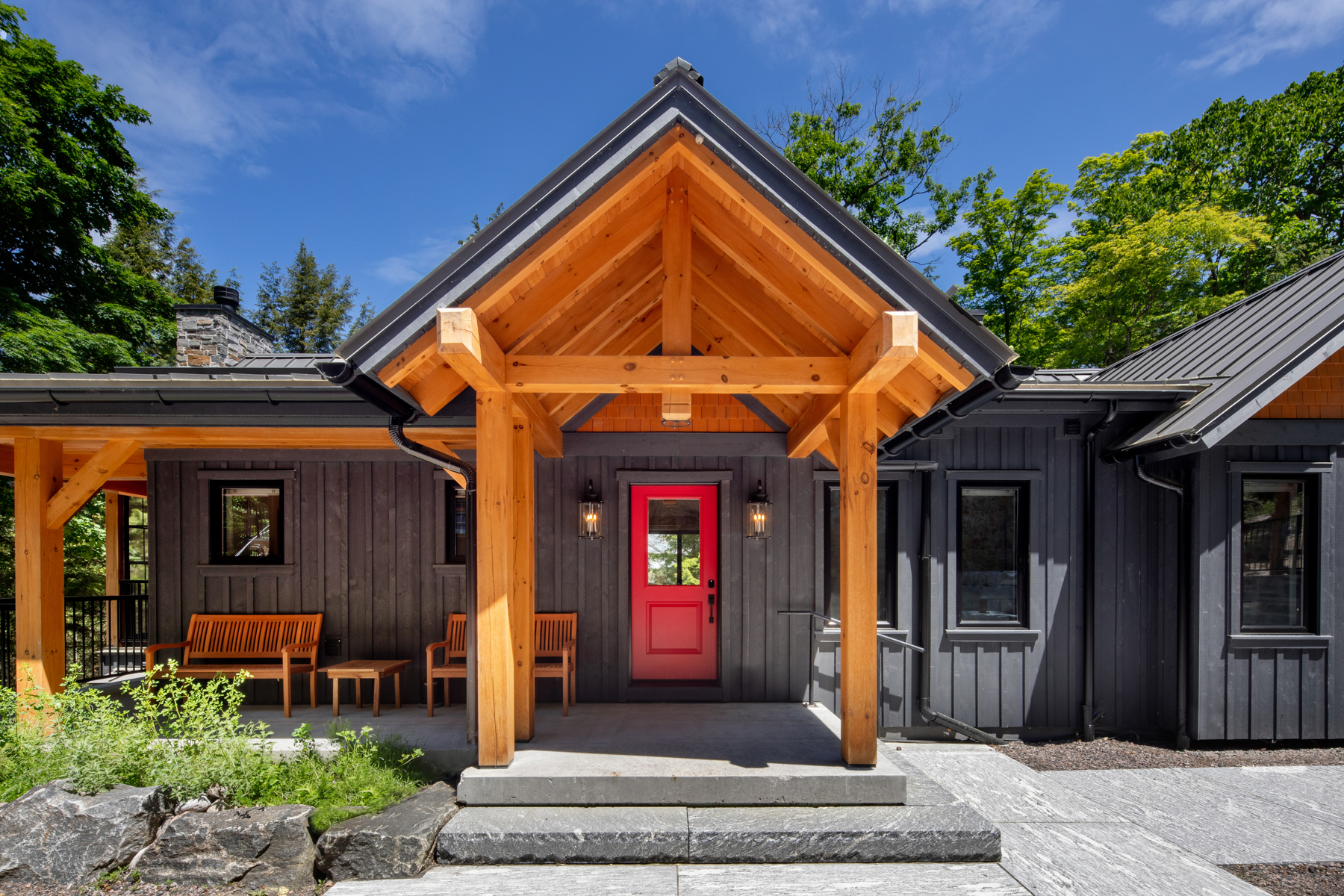 Muskoka Cottage Design, Contemporary Cottaging, Exterior, Front Porch and Door, Normerica Timber Homes