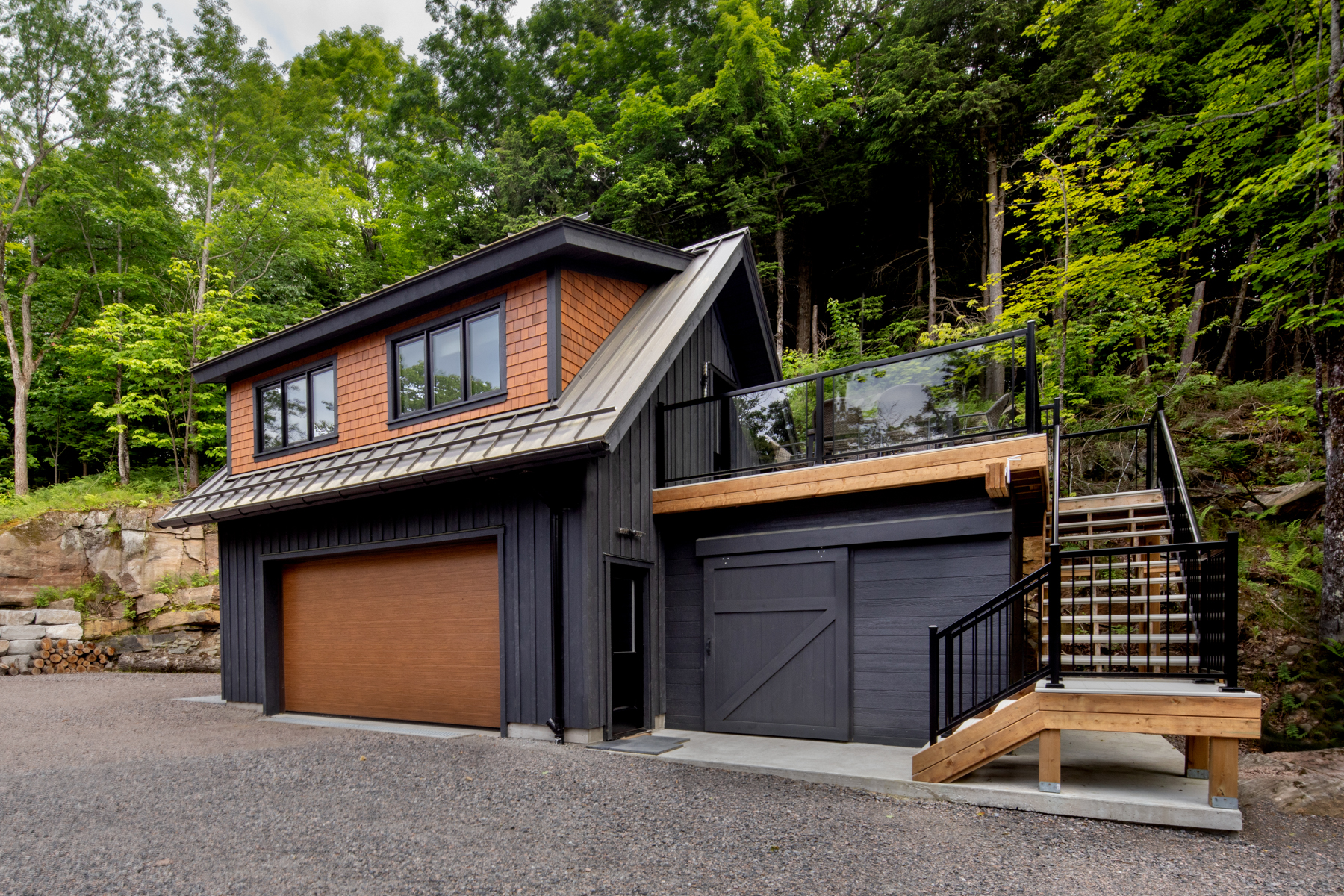 Muskoka Cottage Design, Contemporary Cottaging, Exterior, Garage Side, Normerica Timber Homes