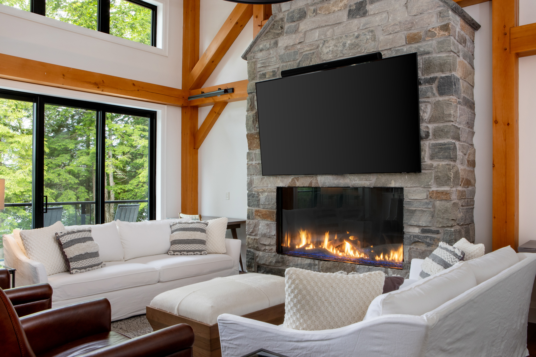 Muskoka Cottage Design, Contemporary Cottaging, Interior, Fireplace, Normerica Timber Homes