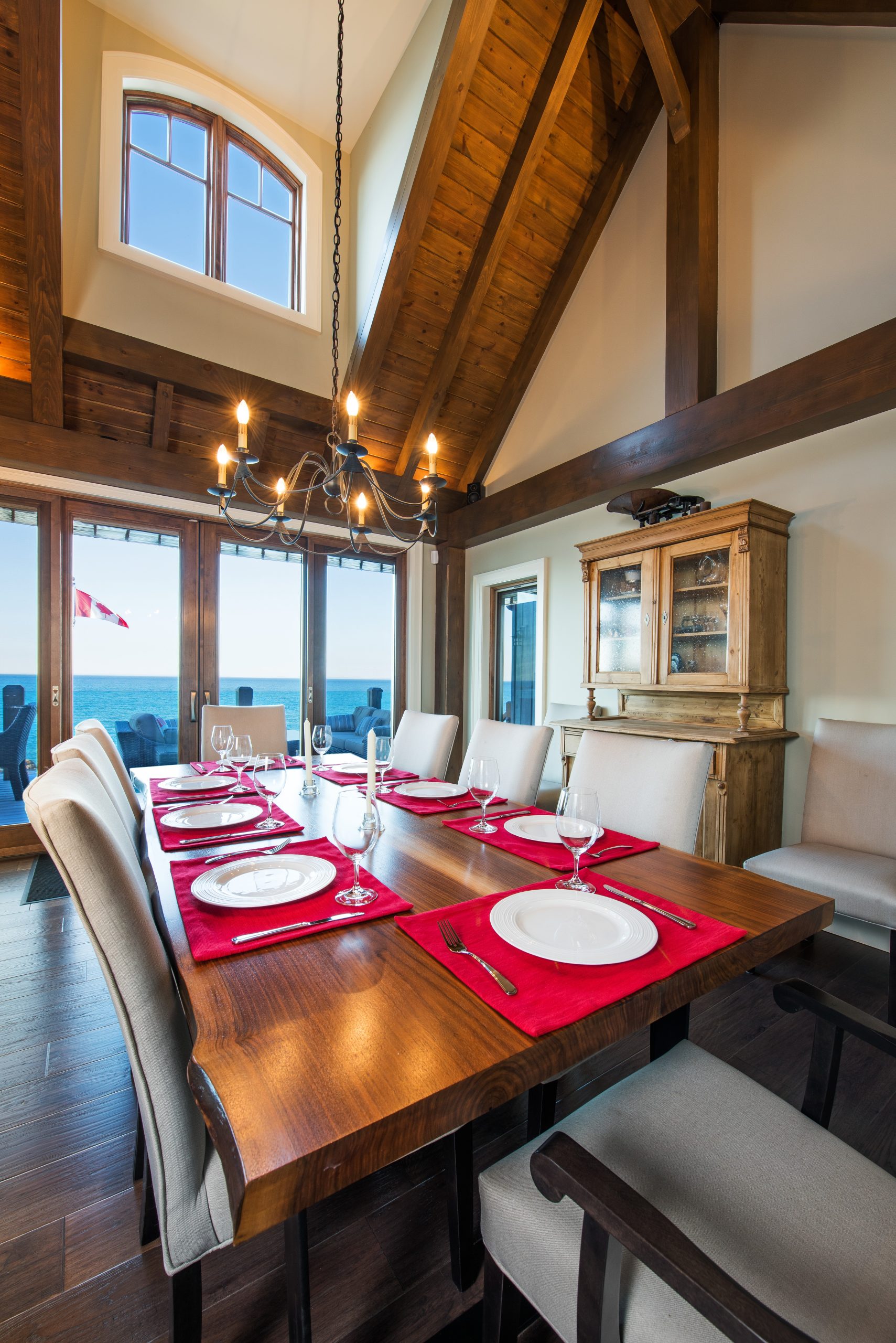 perfect harmony custom timber frame waterfront residence dining room