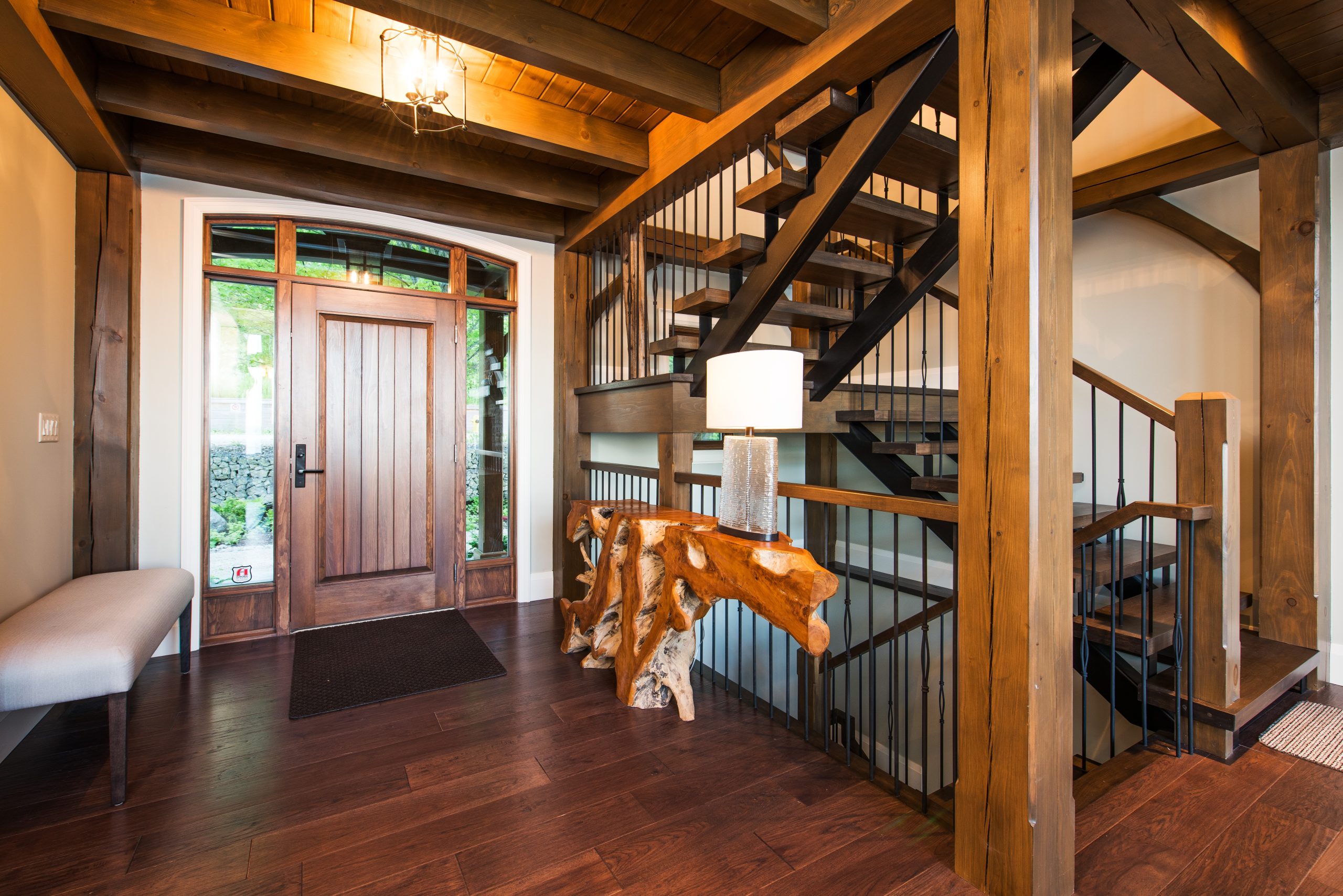 perfect harmony custom timber frame waterfront residence entry