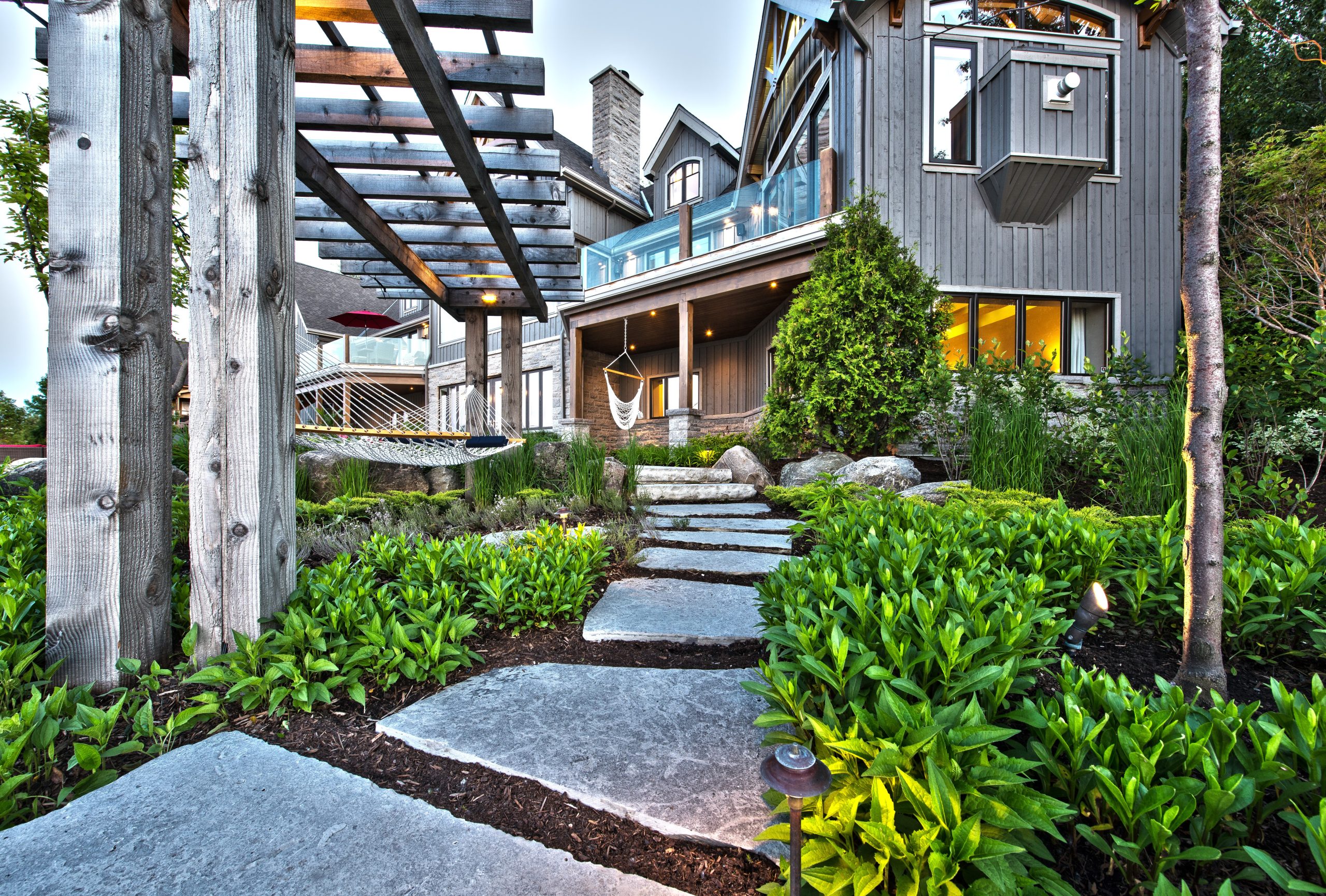 perfect harmony custom timber frame waterfront residence exterior path 2