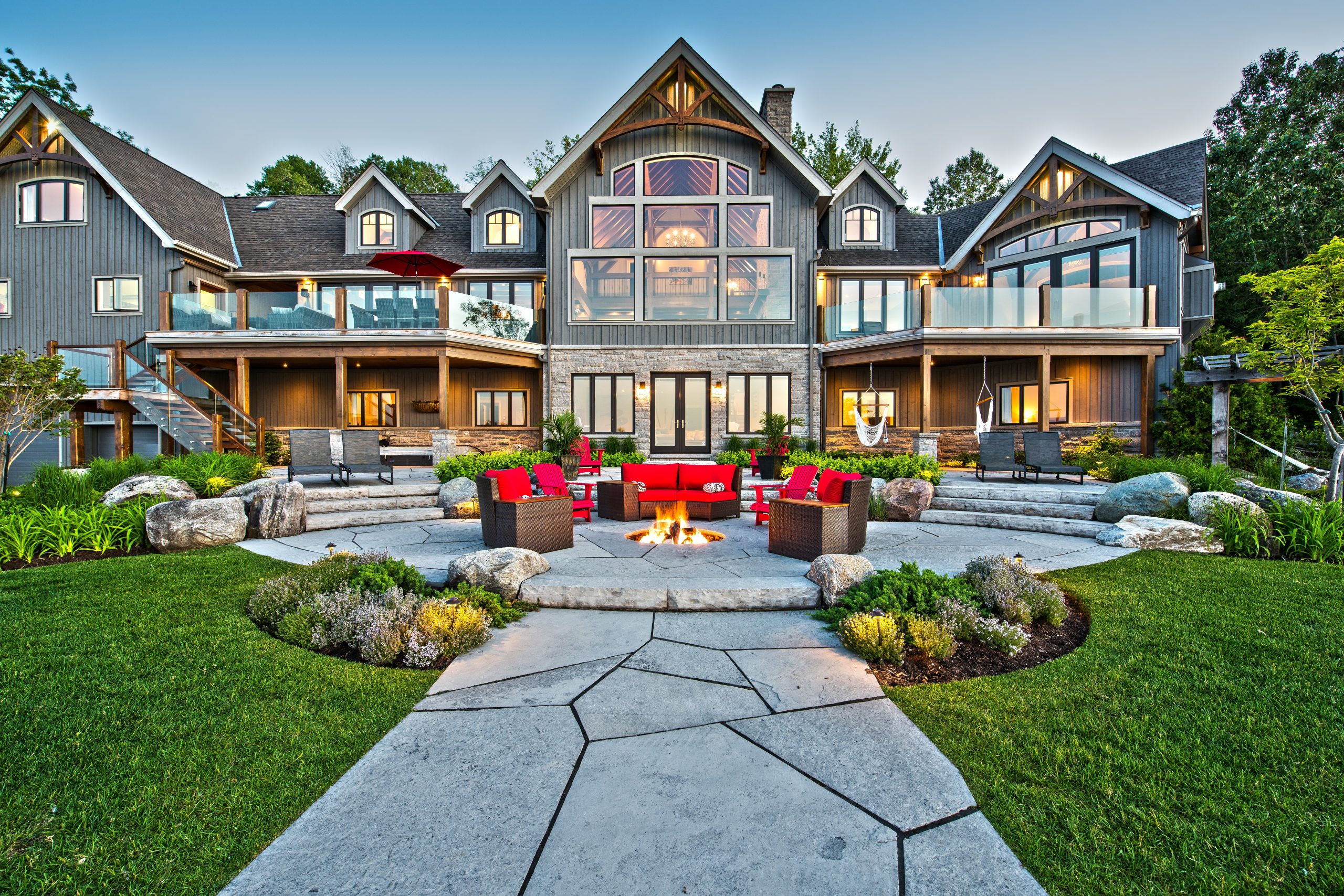 perfect harmony custom timber frame waterfront residence exterior path