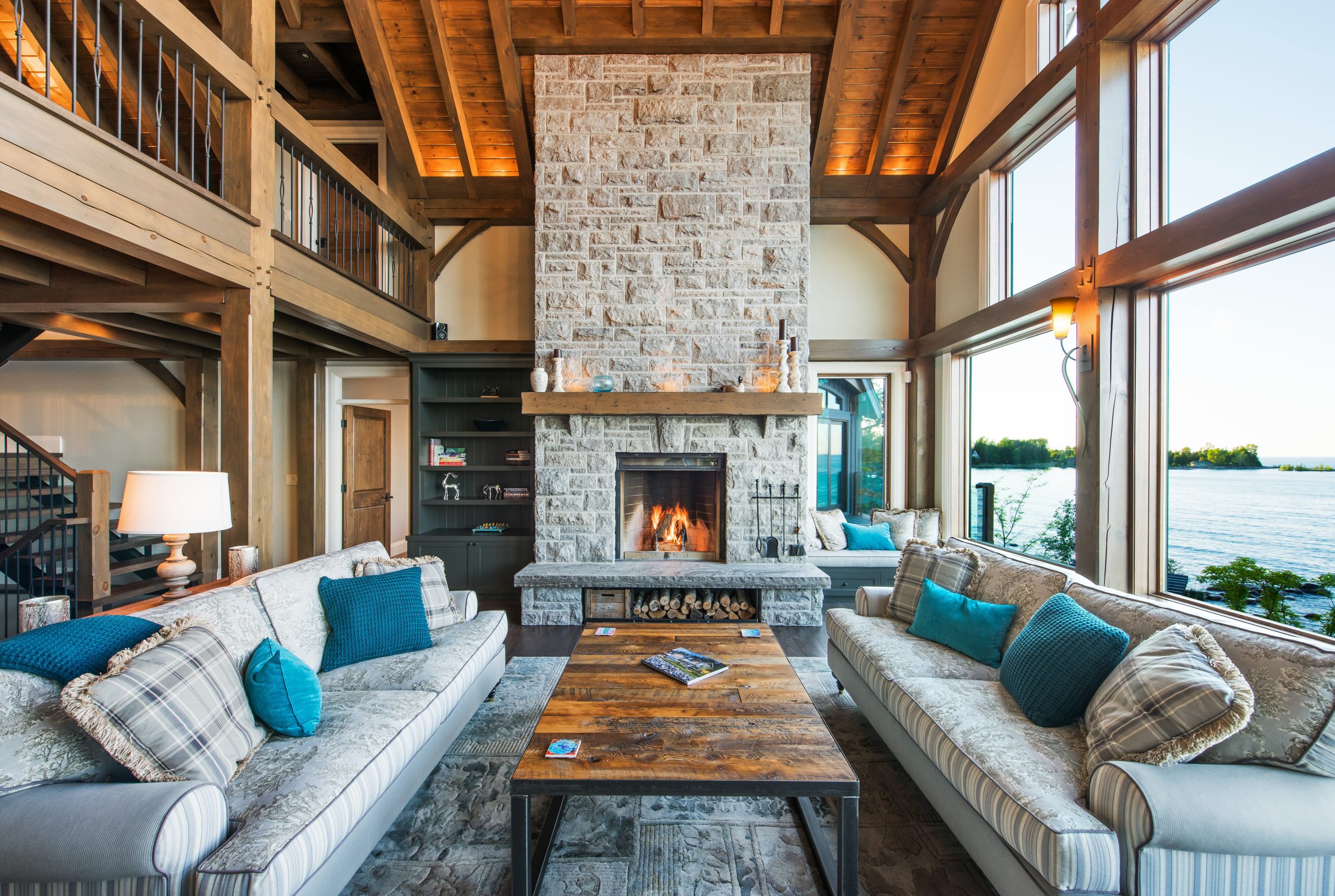 perfect harmony custom timber frame waterfront residence living room great room