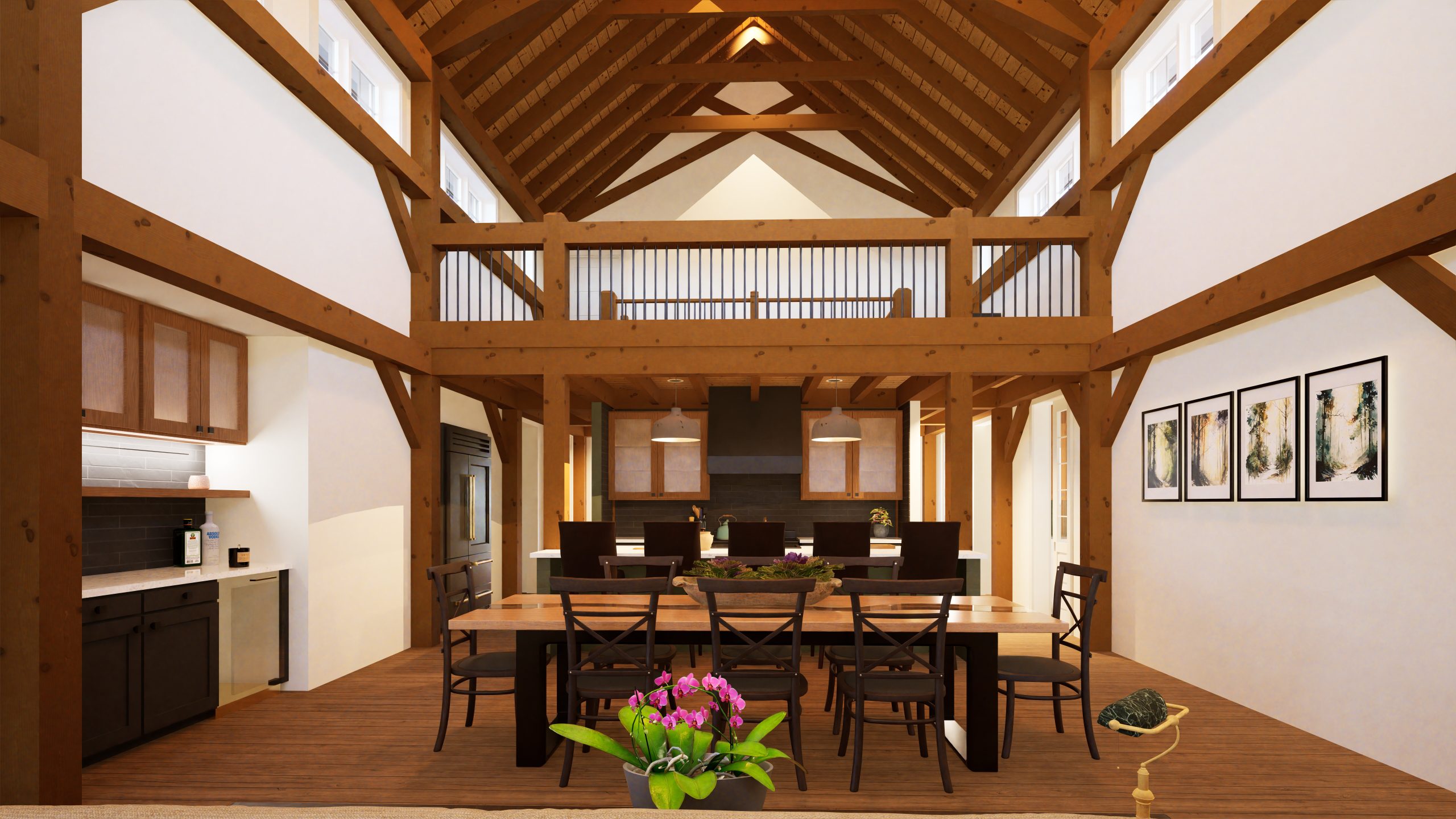 Brookside 4141 Barndominium Timber Frame House Plan Normerica Interior Dining Room Kitchen