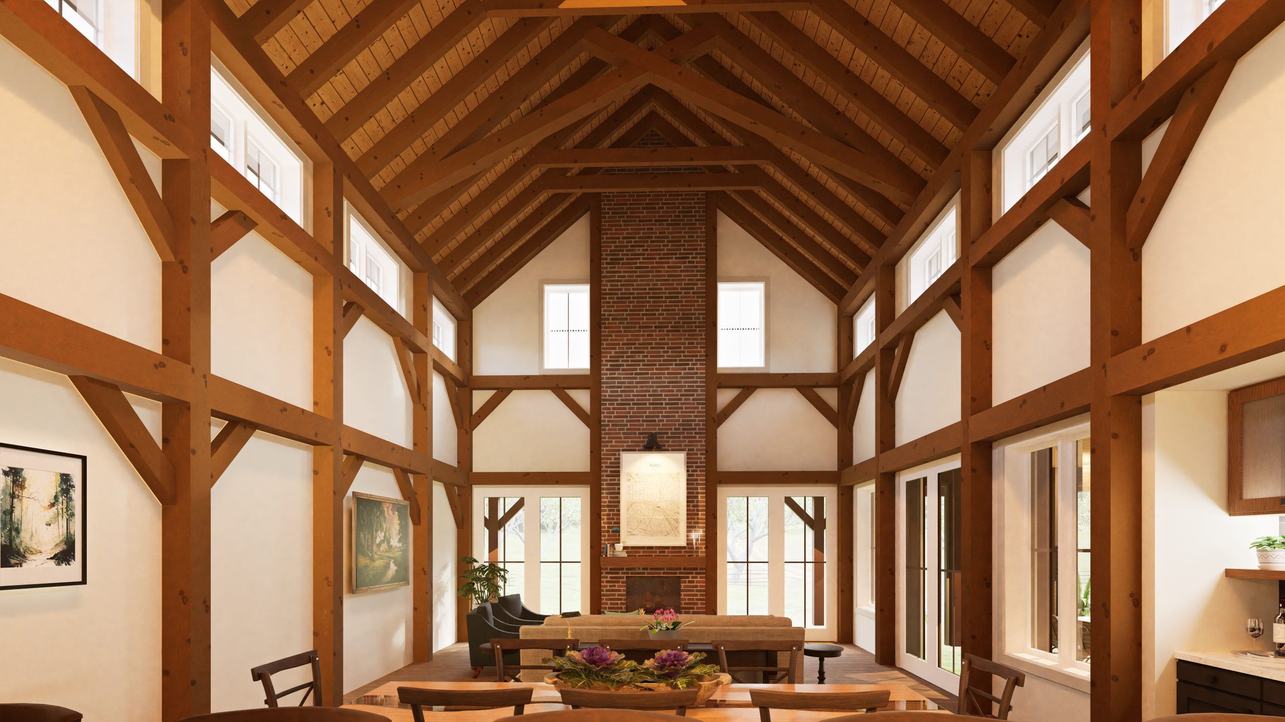 Brookside 4141 Barndominium Timber Frame House Plan Normerica Interior Great Hall Fireplace