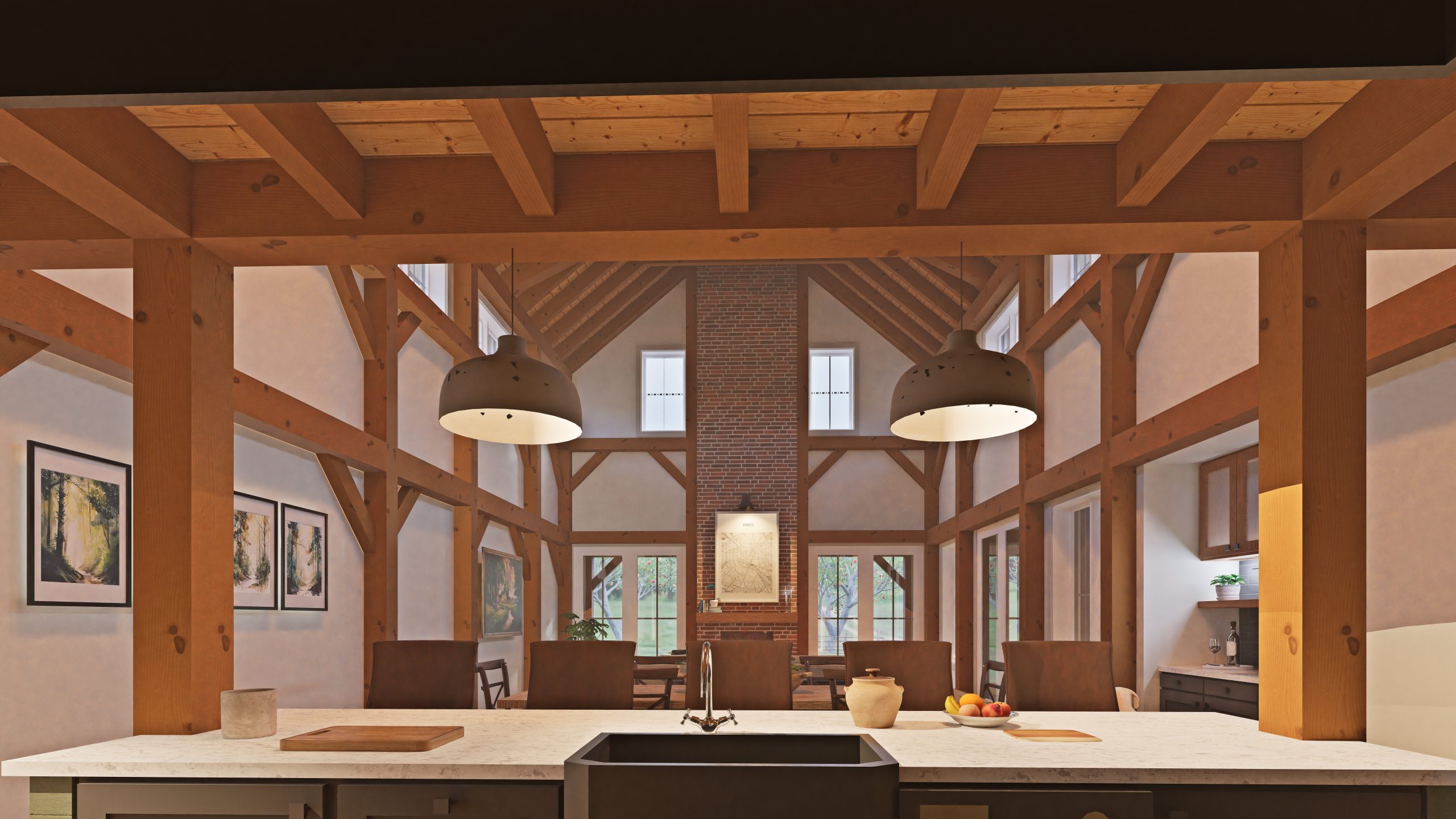 Brookside 4141 Barndominium Timber Frame House Plan Normerica Interior Great Hall from Kitchen